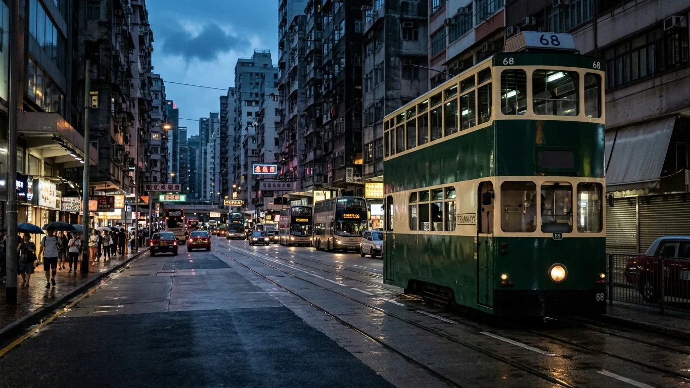 A Hong Kong tram on a wet street at blue hour