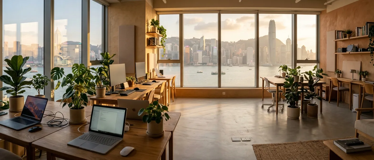 A sunlit studio at golden hour, with a harbour skyline through the windows