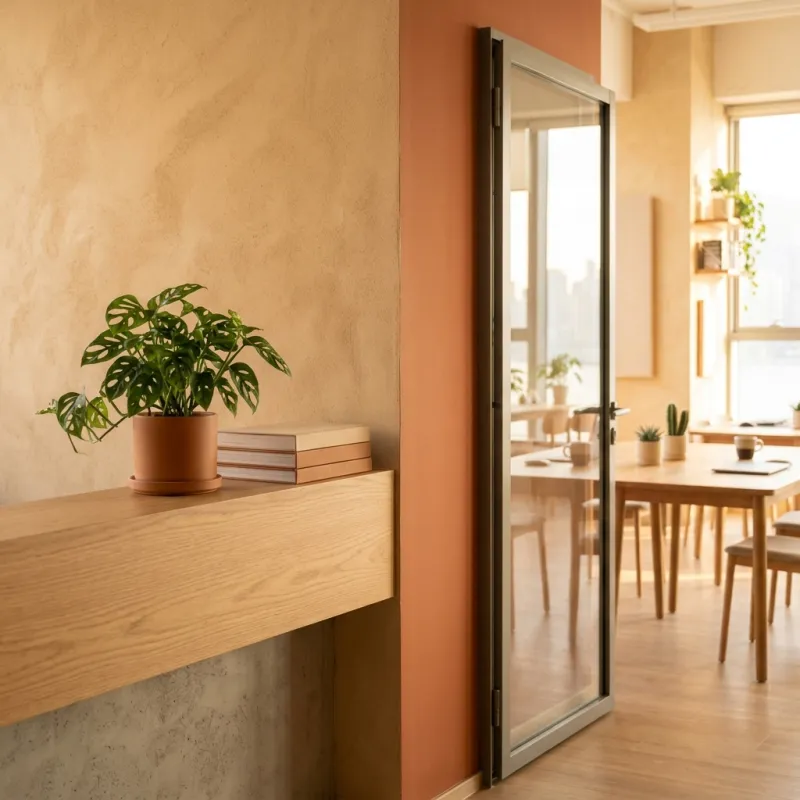 The studio entrance, with a plant on an oak shelf