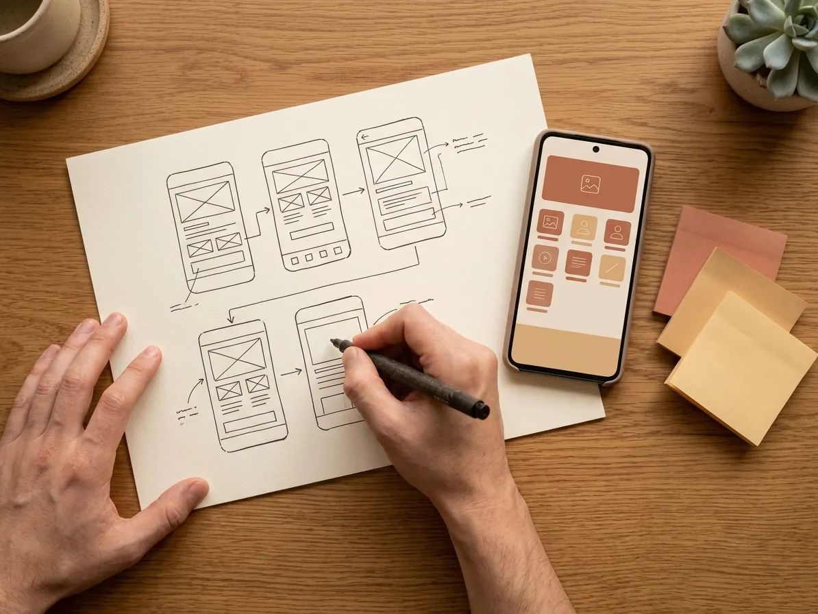 Hands sketching wireframes beside a phone prototype