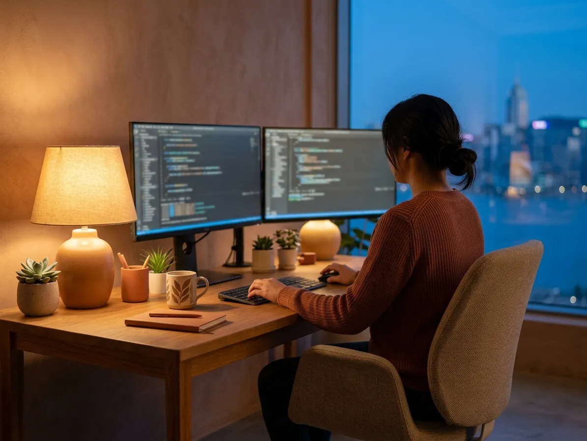 A developer at work with code on two monitors